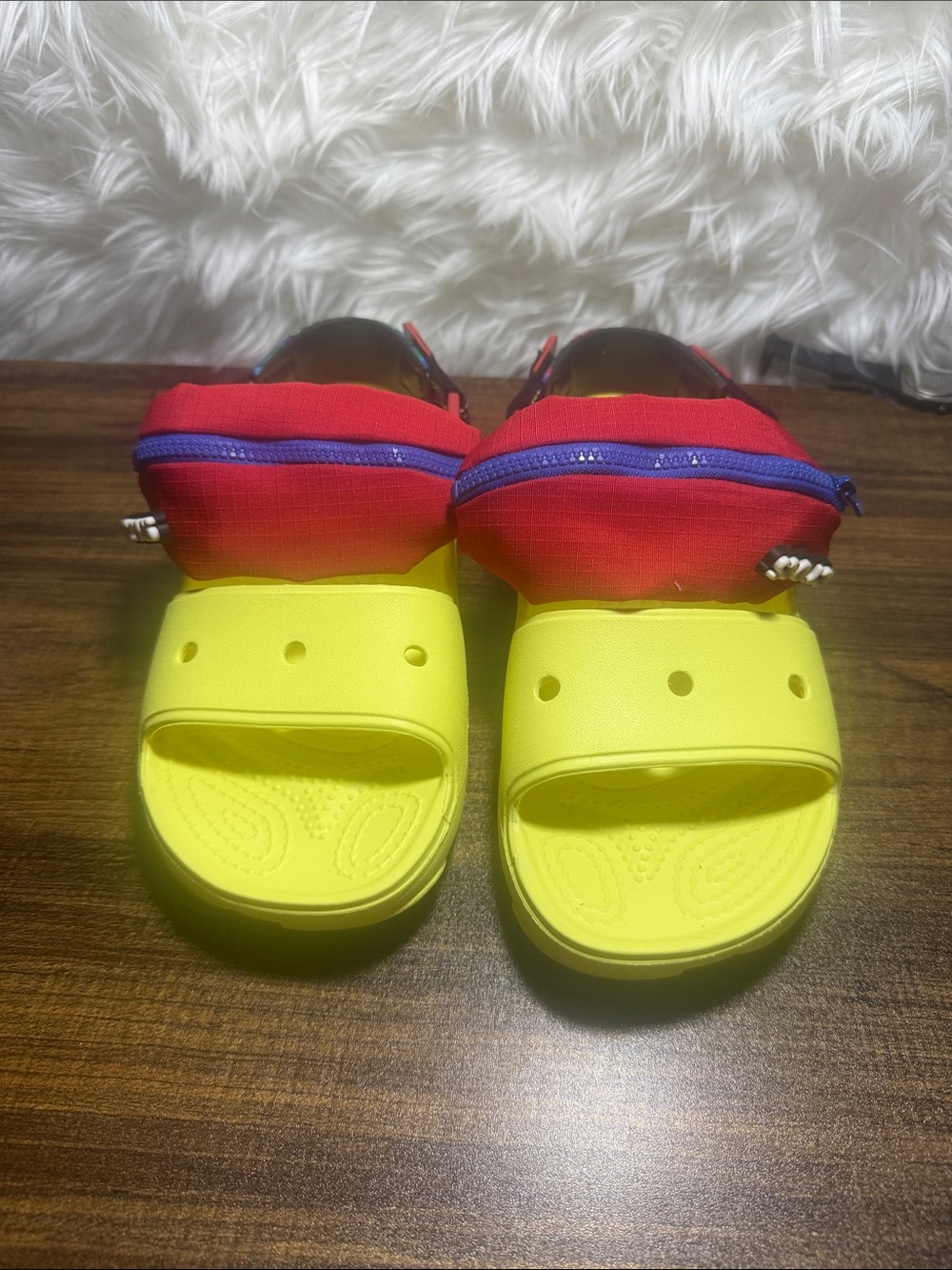 CROCS Kids Yellow Slides with Red Zip Pouch and Blue Zipper